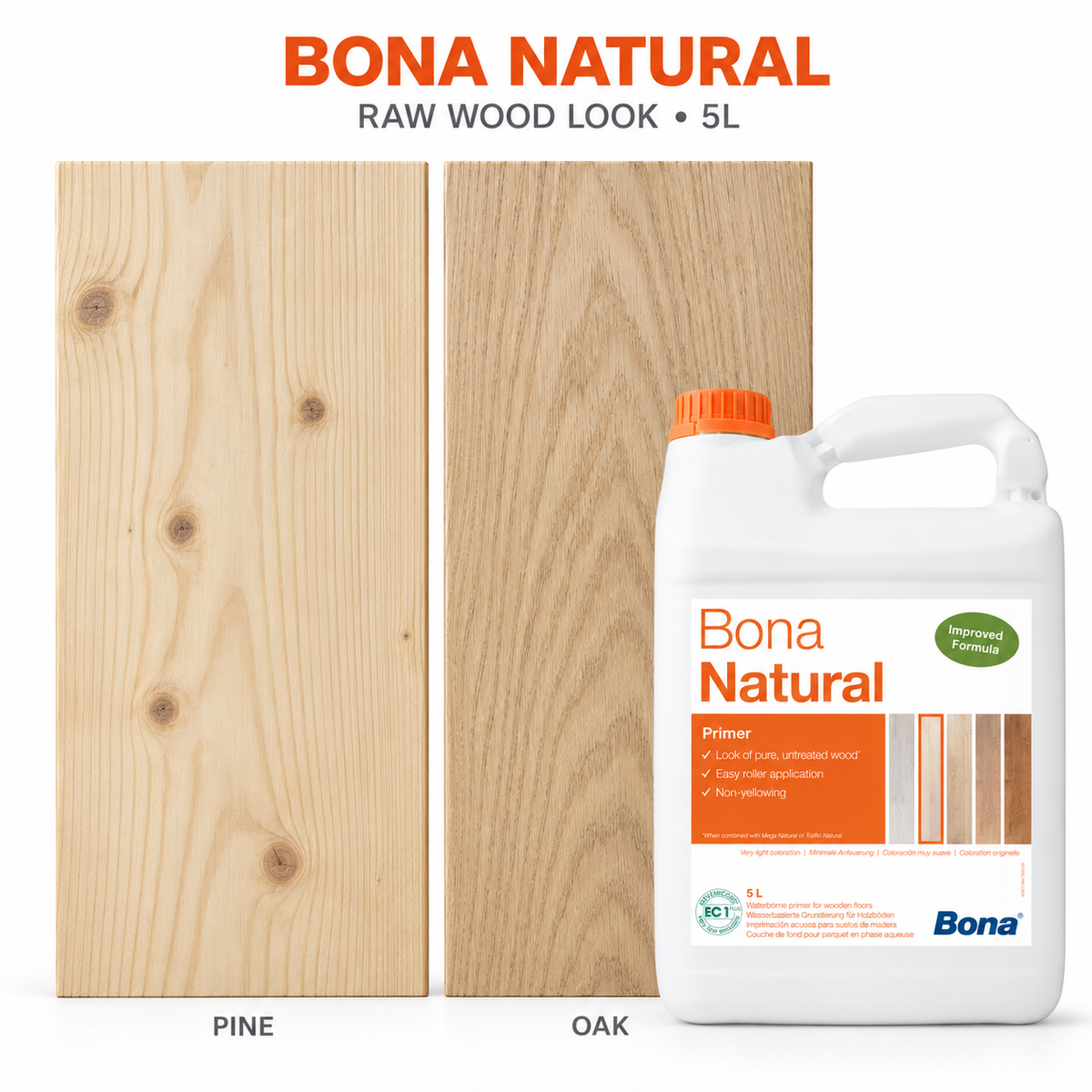Bona Natural Primer 5L with indicative raw wood appearance shown on pine and oak