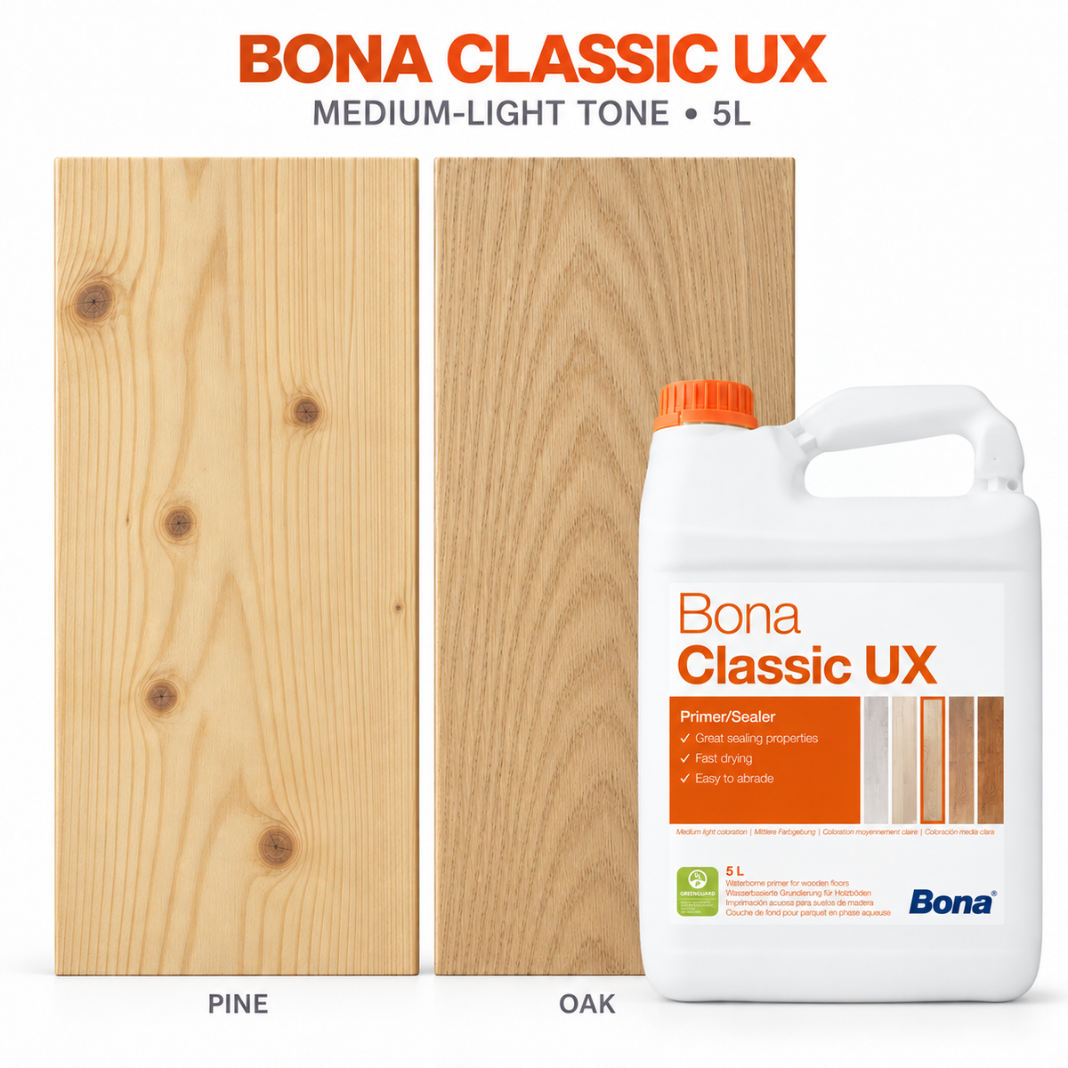 Bona Classic UX 5L wood floor primer with indicative medium-light appearance shown on pine and oak