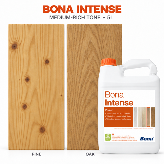 Bona Intense 5L wood floor primer with indicative medium-rich appearance shown on pine and oak