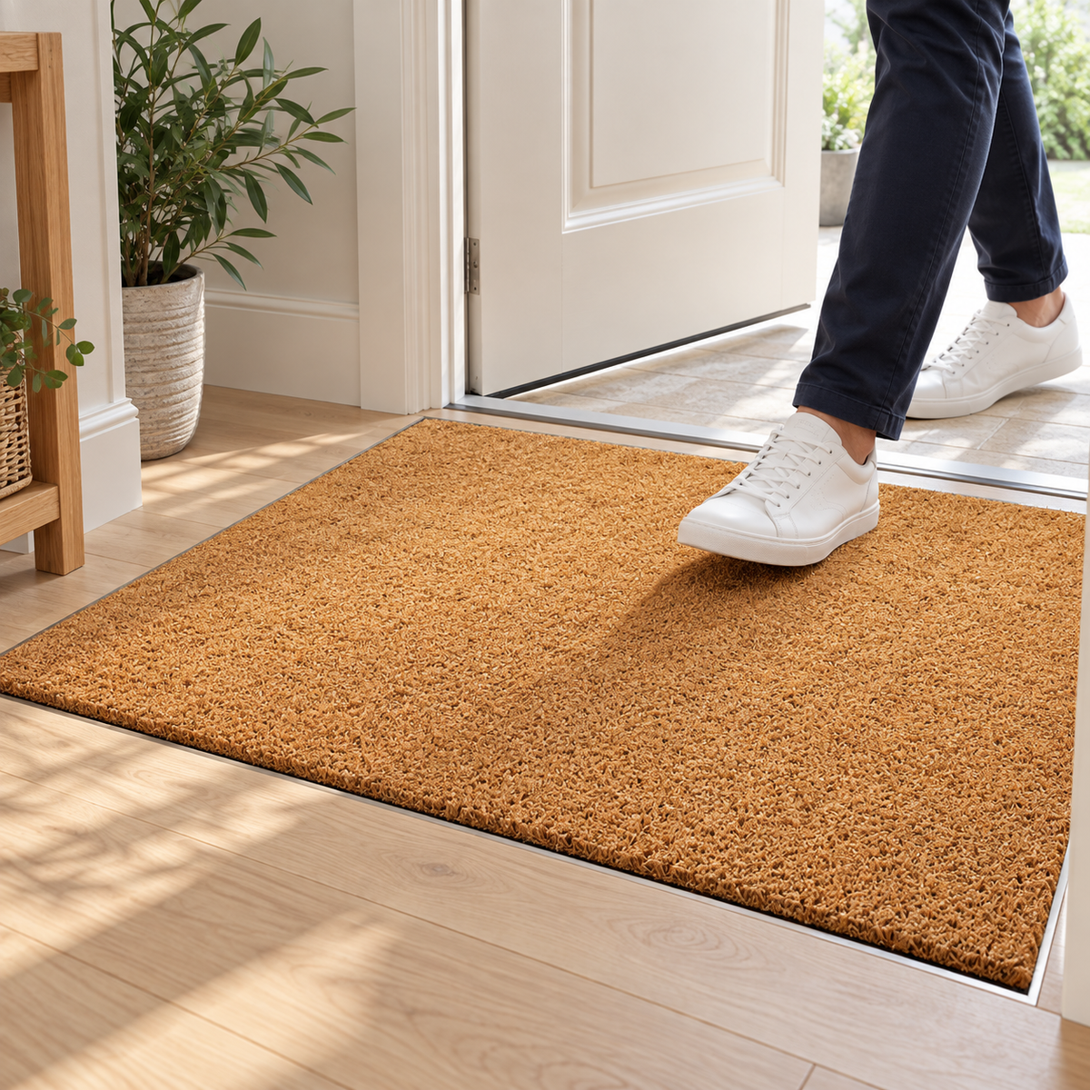 A rectangular tan coir doormat placed at an entryway threshold, with a person wearing dark pants and white sneakers stepping onto it in a bright indoor setting.