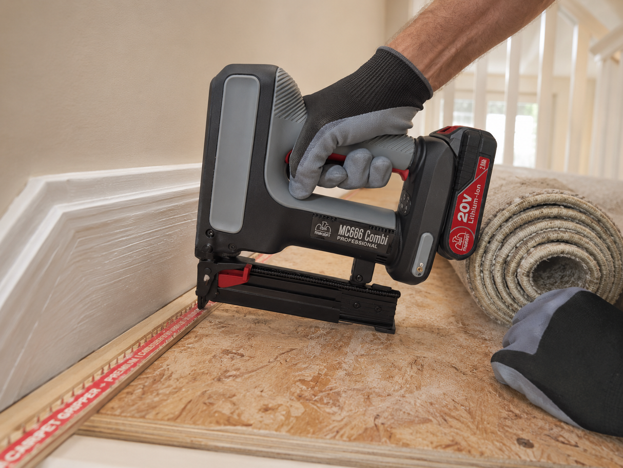 A person wearing a black and gray work glove uses a black and gray cordless nail gun to fasten a piece of plywood next to a rolled carpet in an indoor room setting.