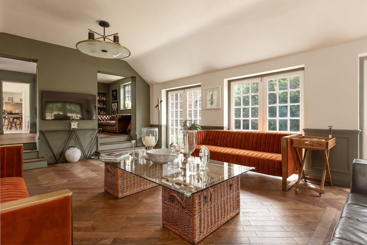 Deco Tannery Brown herringbone floors in a farmhouse style living room