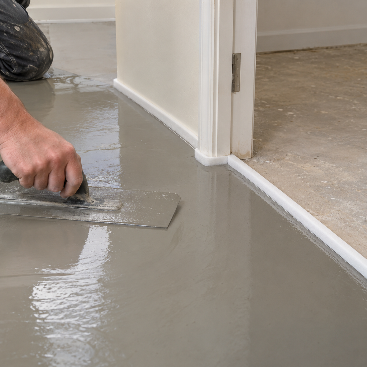 White F. Ball Stopgap Barrier Foam 15 x 15mm containing wet levelling compound at a doorway, with a trowel smoothing the surface.
