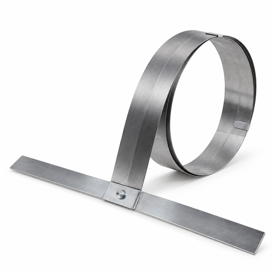 Janser roll-up steel T-square partly coiled with removable T-head on a white background.