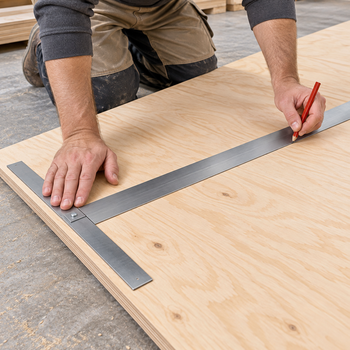 Installer using a Janser steel T-square to guide a pencil line across plywood.
