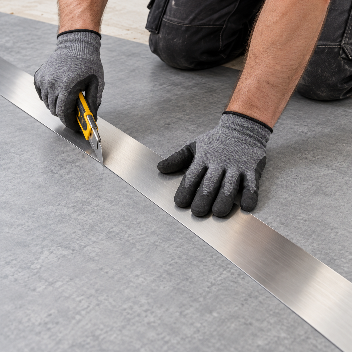 Flooring installer using a Janser steel straight edge to guide a knife cut through sheet vinyl.