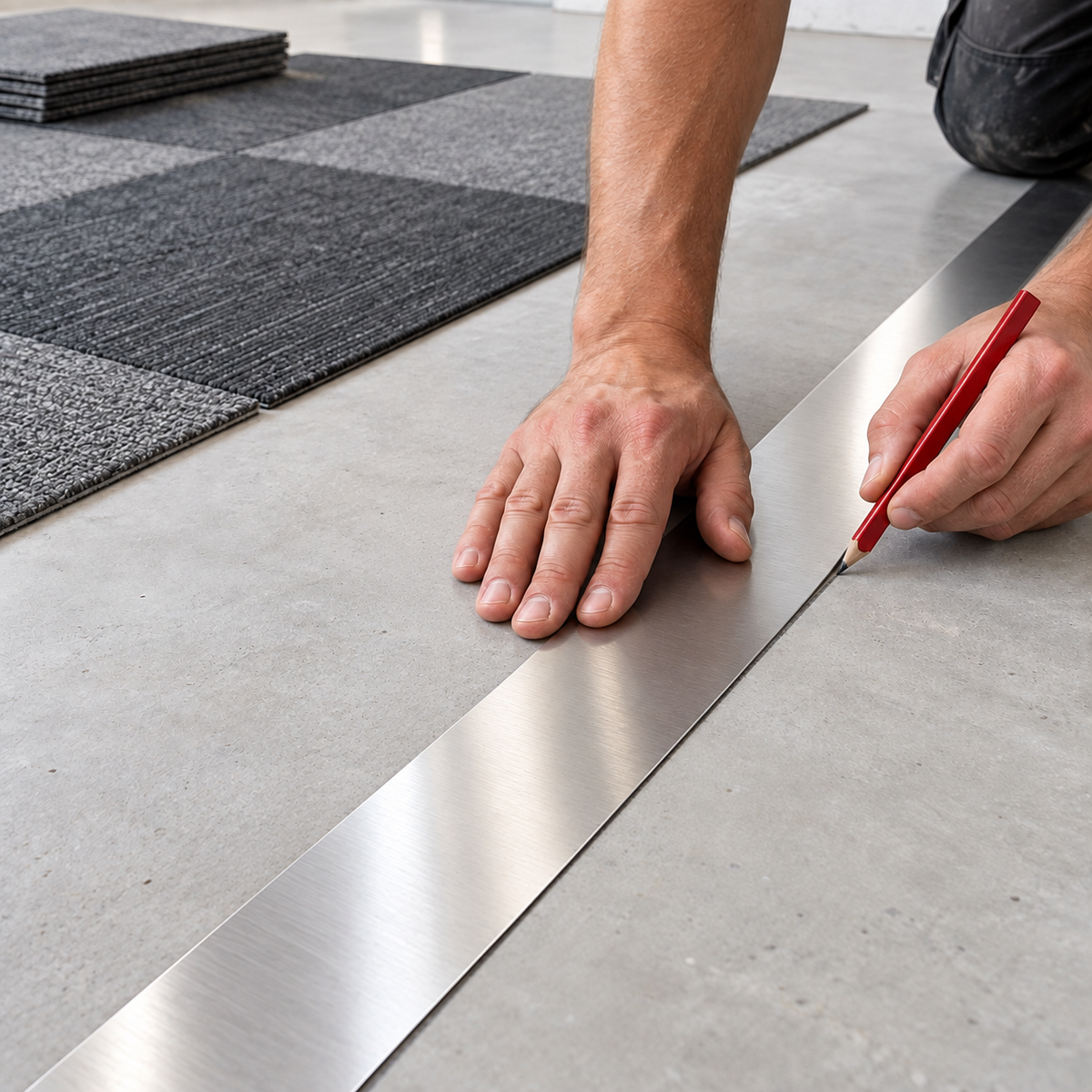 Installer marking a pencil line against a Janser steel straight edge while setting out carpet tiles.