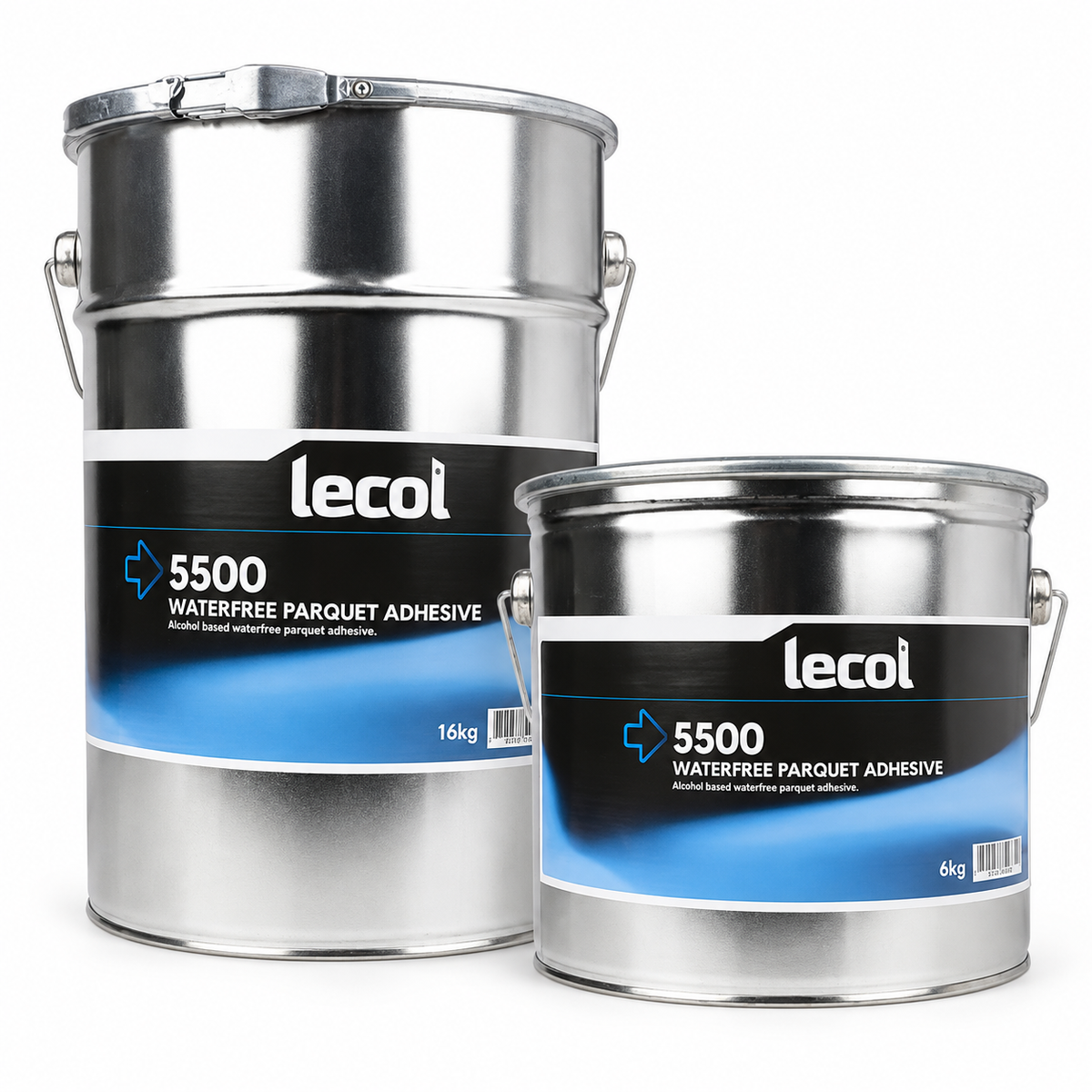 Lecol 5500 wood flooring adhesive in 6kg and 16kg tins with current blue and black labels.