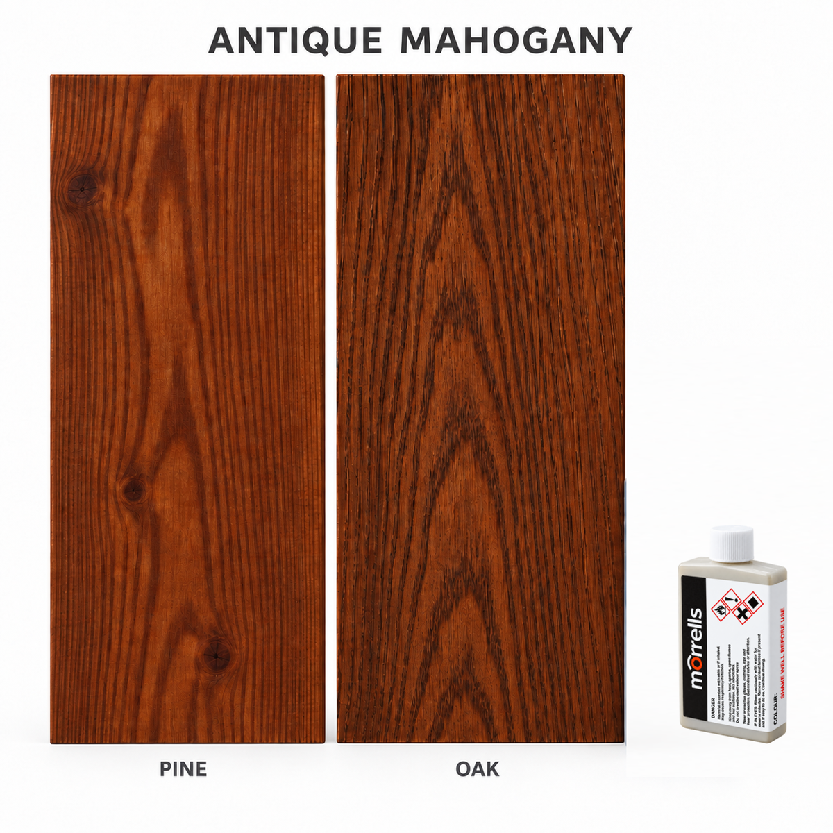 Morrells Light Fast Wood Stain 100ml sample in Antique Mahogany with indicative appearance on pine and oak
