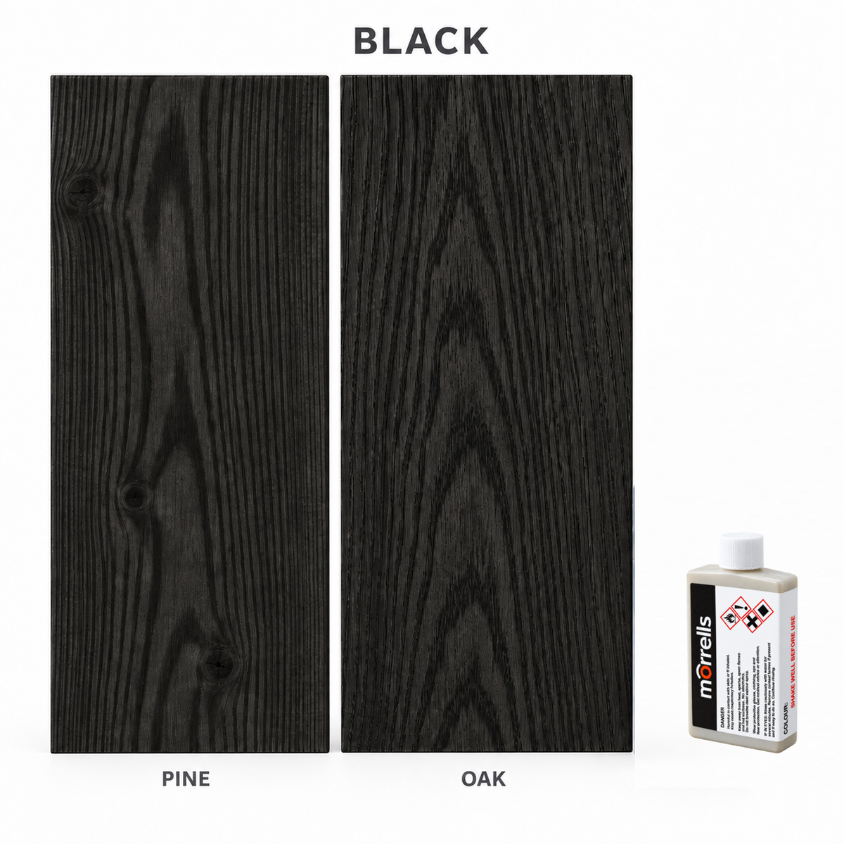 Morrells Light Fast Wood Stain 100ml sample in Black with indicative appearance on pine and oak