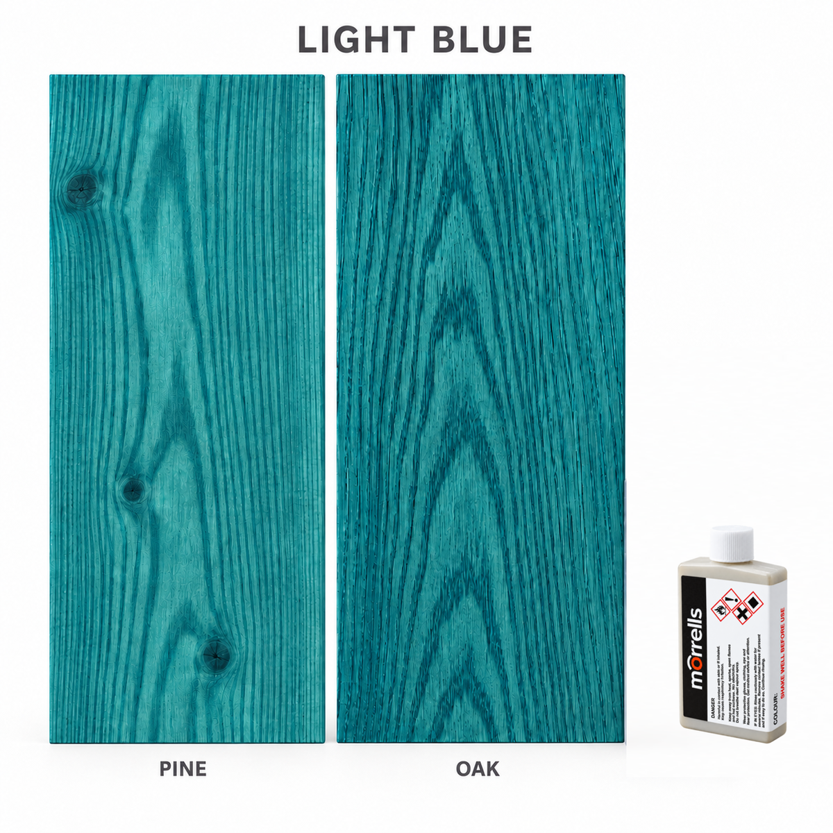 Morrells Light Fast Wood Stain 100ml sample in Light Blue with indicative appearance on pine and oak