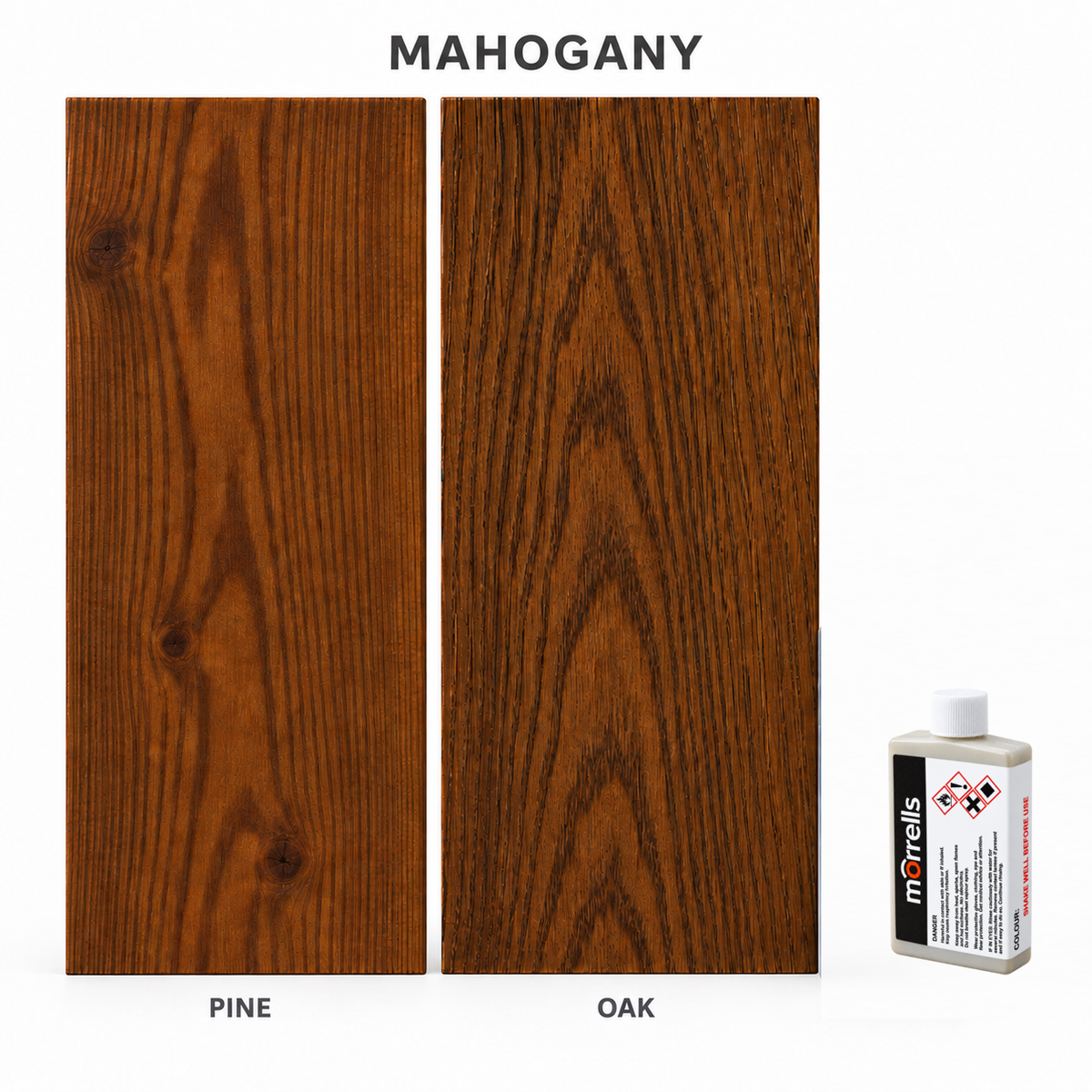 Morrells Light Fast Wood Stain 100ml sample in Mahogany with indicative appearance on pine and oak