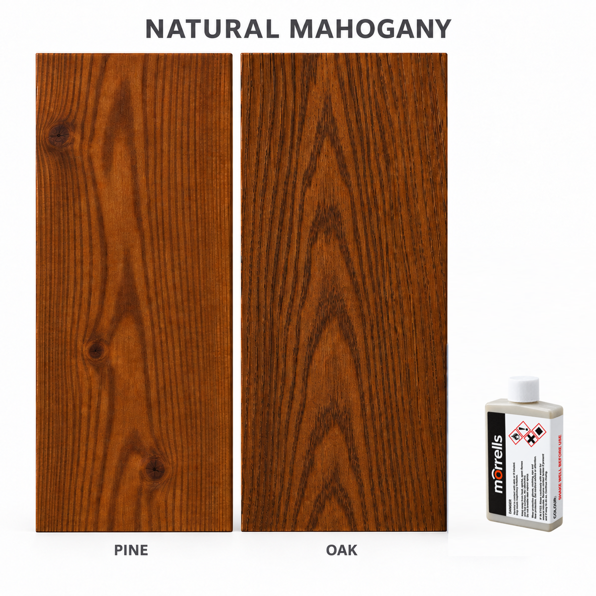 Morrells Light Fast Wood Stain 100ml sample in Natural Mahogany with indicative appearance on pine and oak