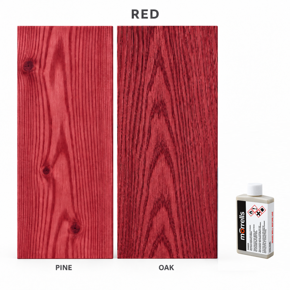 Morrells Light Fast Wood Stain 100ml sample in Red with indicative appearance on pine and oak
