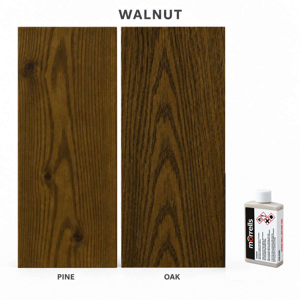 Morrells Light Fast Wood Stain 100ml sample in Walnut with indicative appearance on pine and oak