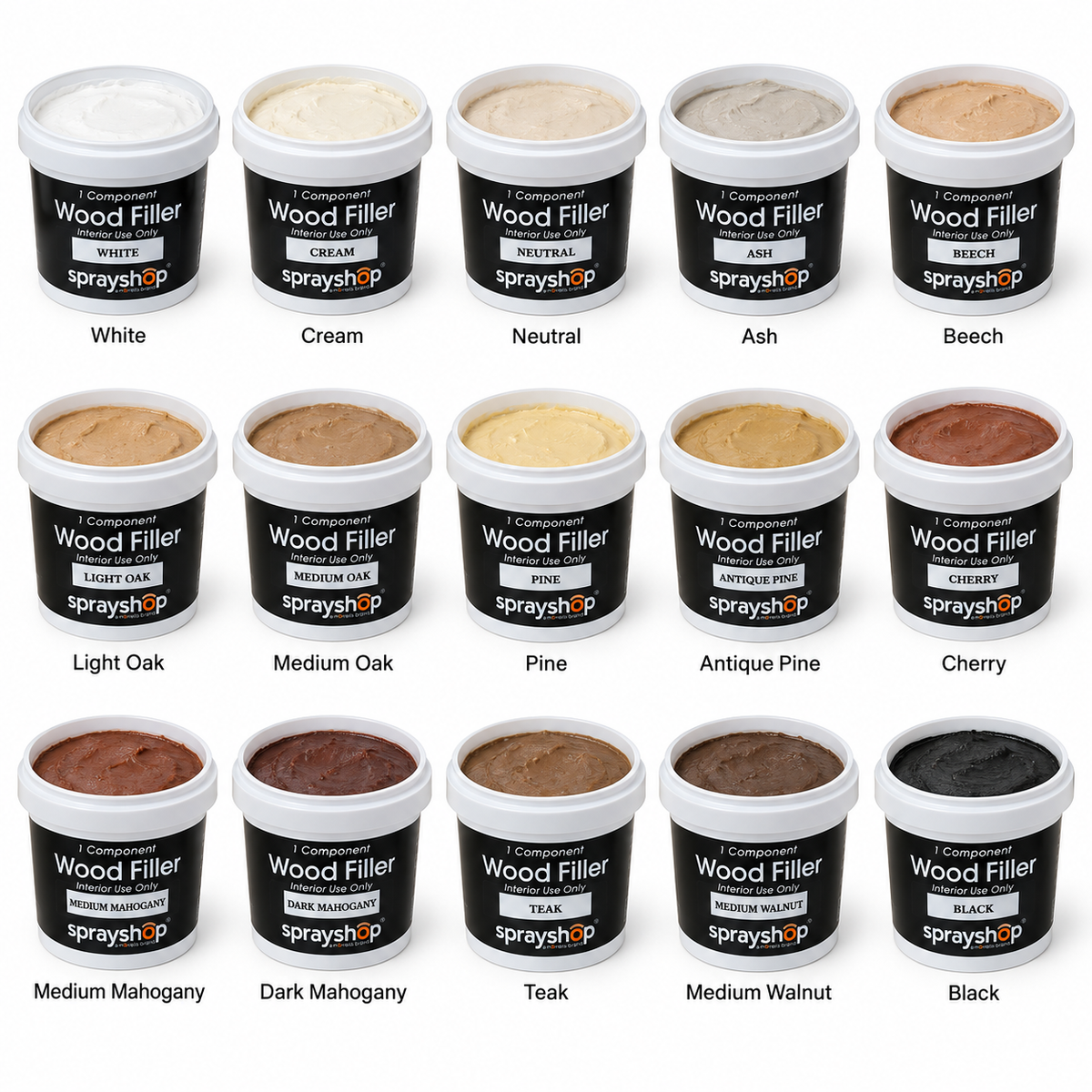 Morrells One-Part Coloured Wood Filler 250ml colour range, showing 15 open tubs with labelled shades on a white background.