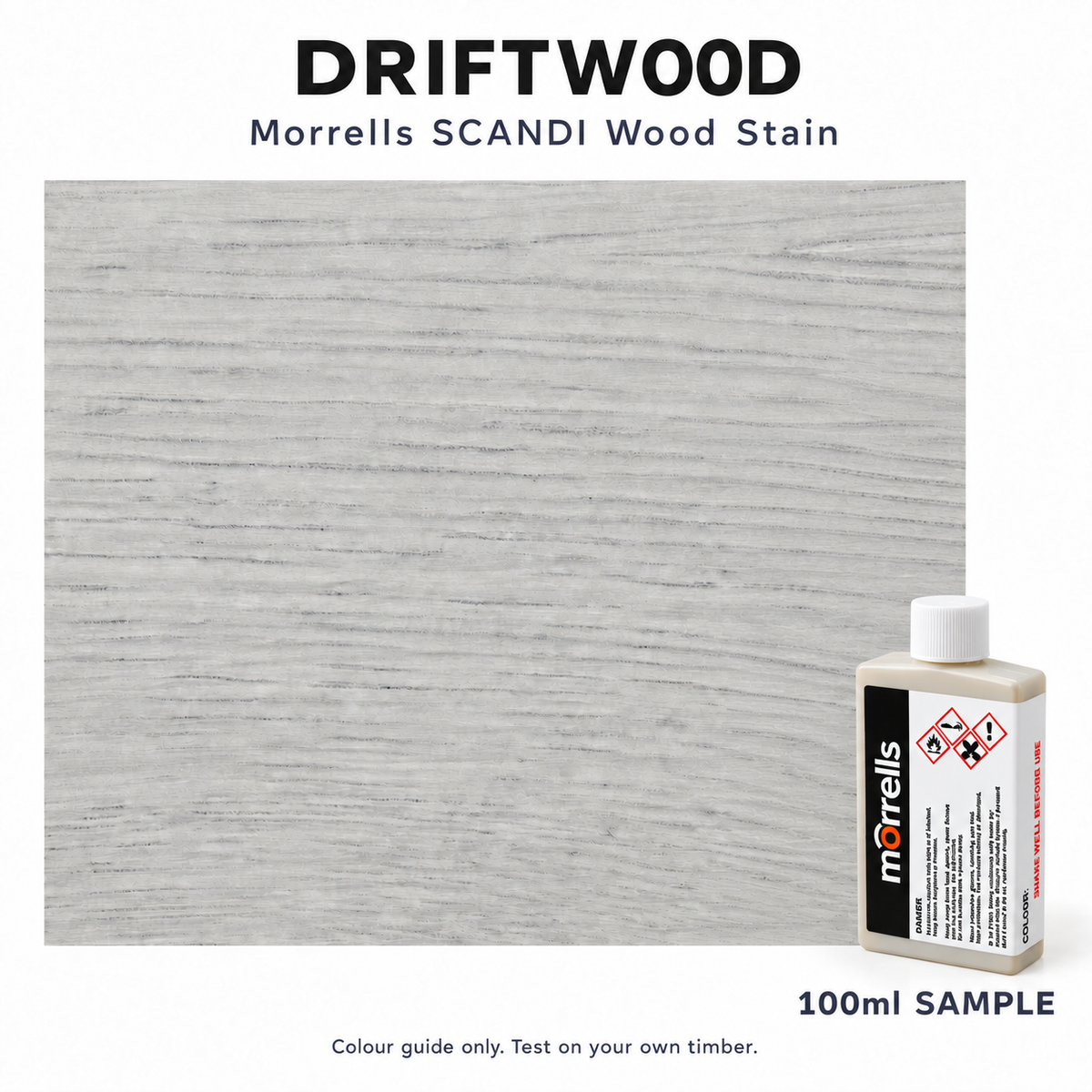 Morrells SCANDI Driftwood wood stain 100ml sample with indicative stained wood colour