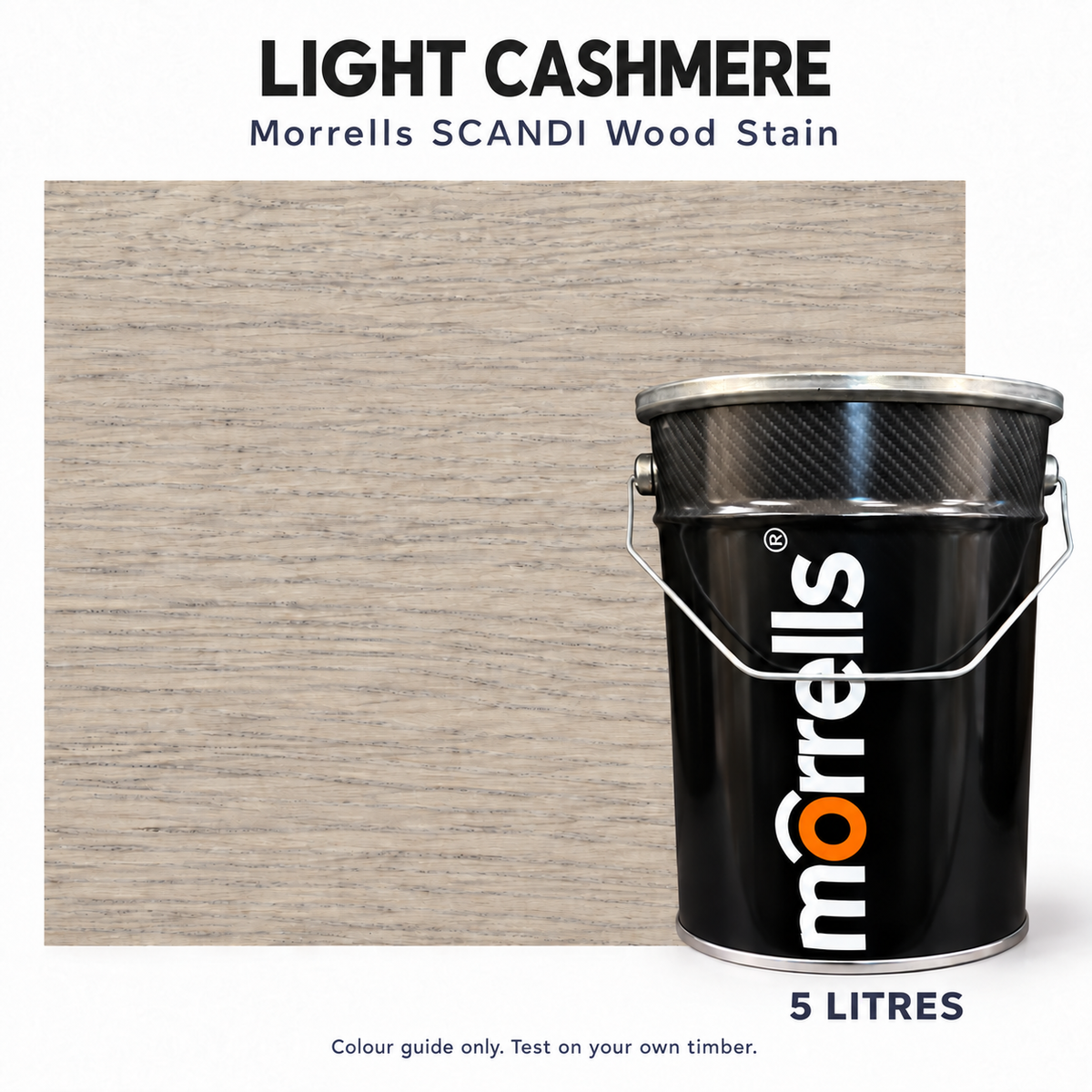 Morrells SCANDI Light Cashmere wood stain 5L tin with indicative stained wood colour