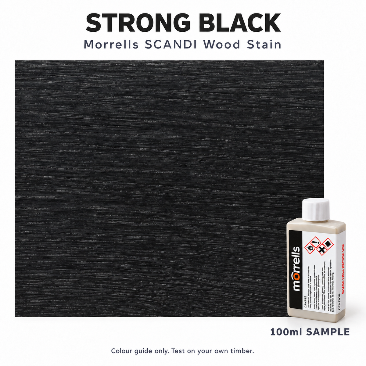 Morrells SCANDI Strong Black wood stain 100ml sample with indicative stained wood colour