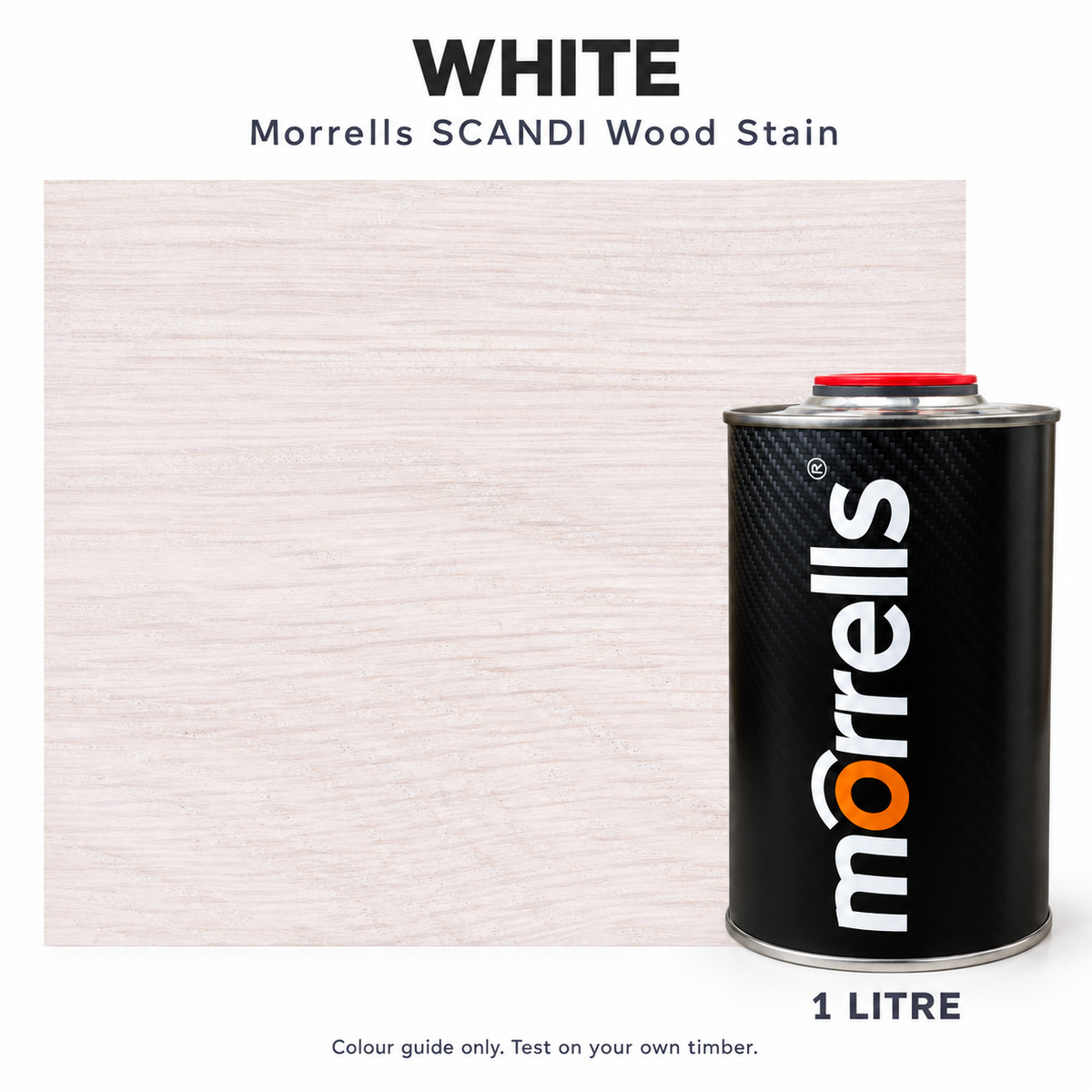 Morrells SCANDI White wood stain 1L with indicative stained wood colour