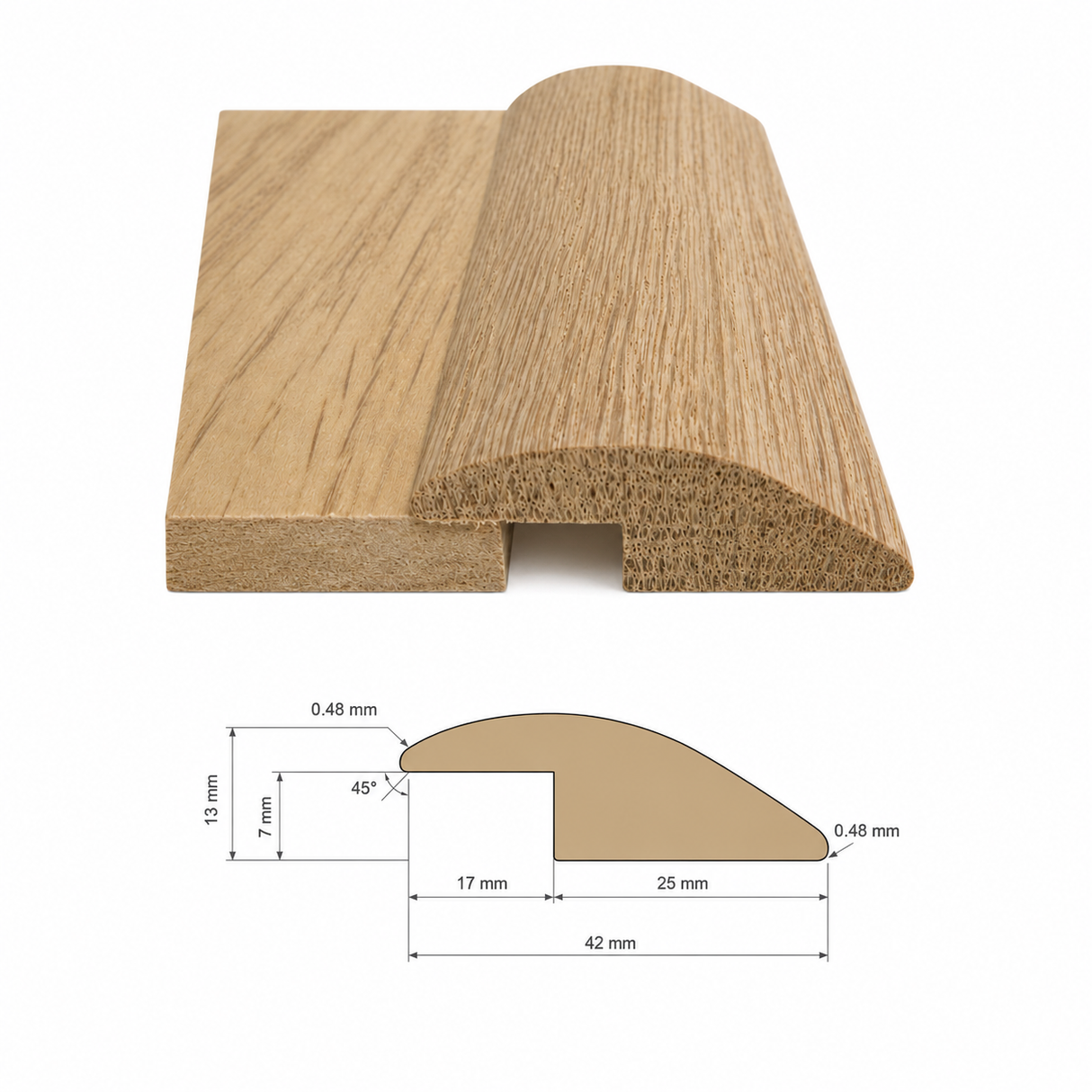 Solid oak ramp threshold measuring 42 mm wide by 7mm high