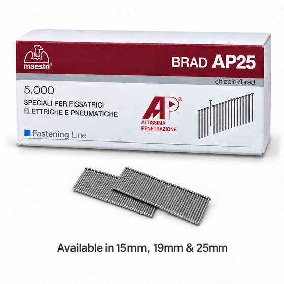 Spotnails Maestri brads box with collated nails, available in 15mm, 19mm and 25mm, pack of 5000
