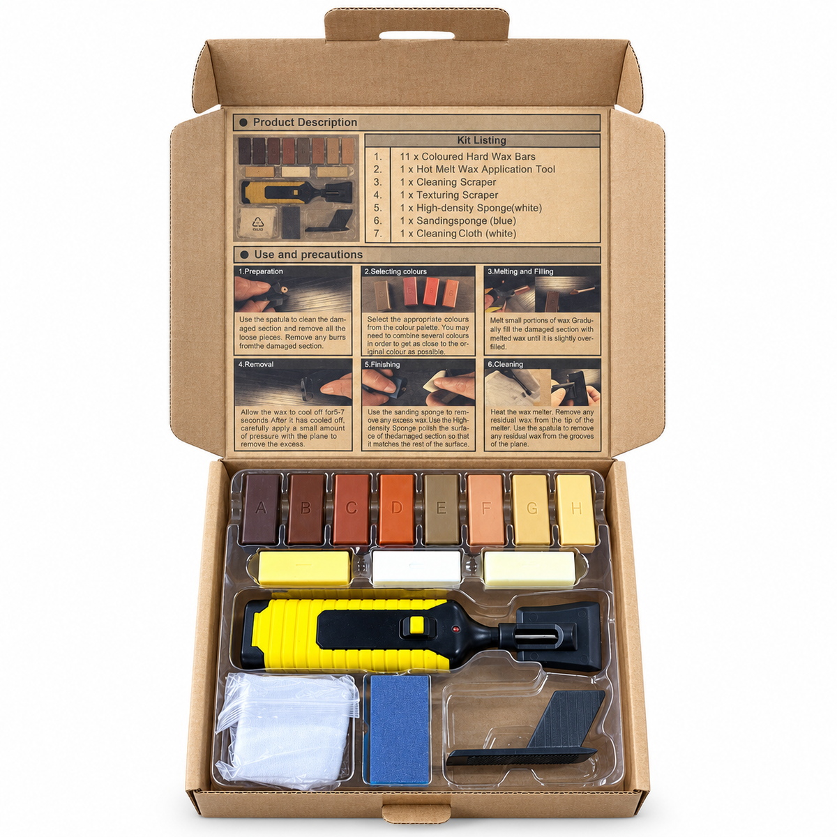 Open wood floor repair kit containing 11 wax blocks, a melting tool, scrapers, sponges and cloth.