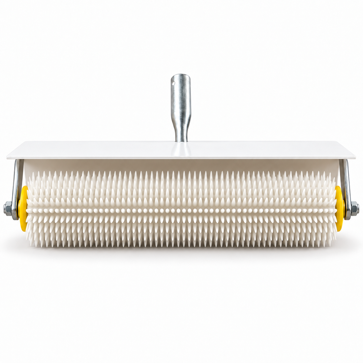 Front view of XEPA spiked screed roller showing aligned white spikes and top splash guard