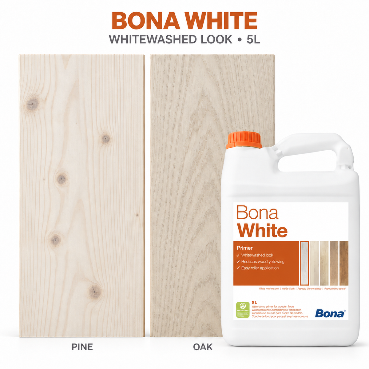Bona White 5L wood floor primer with indicative whitewashed appearance shown on pine and oak