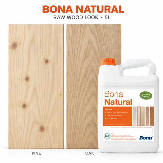 Bona Natural Primer 5L with indicative raw wood appearance shown on pine and oak