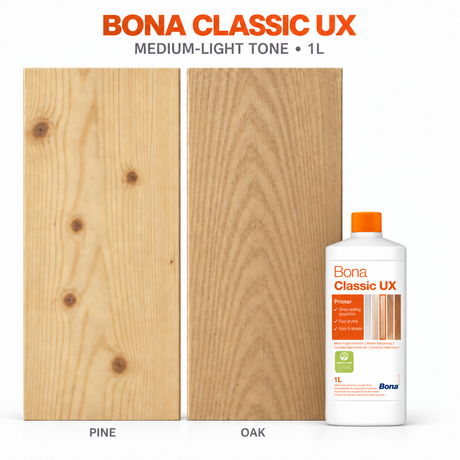 Bona Classic UX 1L wood floor primer with indicative medium-light appearance shown on pine and oak