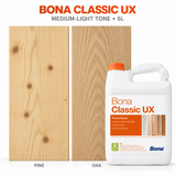 Bona Classic UX 5L wood floor primer with indicative medium-light appearance shown on pine and oak