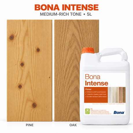 Bona Intense 5L wood floor primer with indicative medium-rich appearance shown on pine and oak