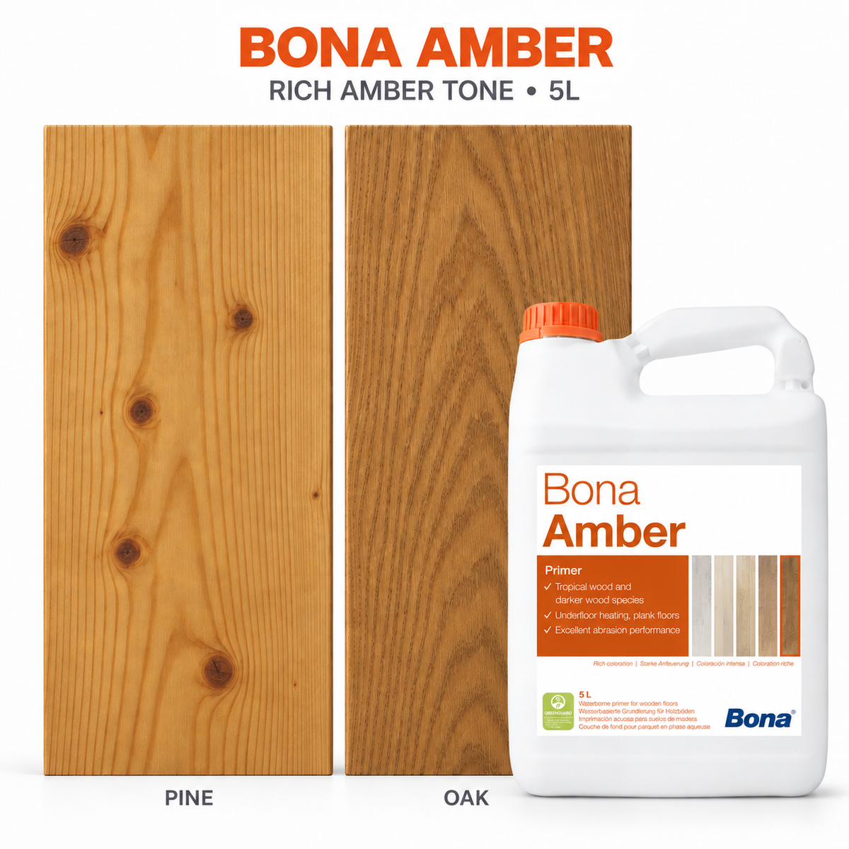 Bona Amber 5L wood floor primer with indicative rich amber appearance shown on pine and oak
