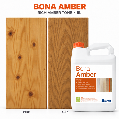 Bona Amber 5L wood floor primer with indicative rich amber appearance shown on pine and oak