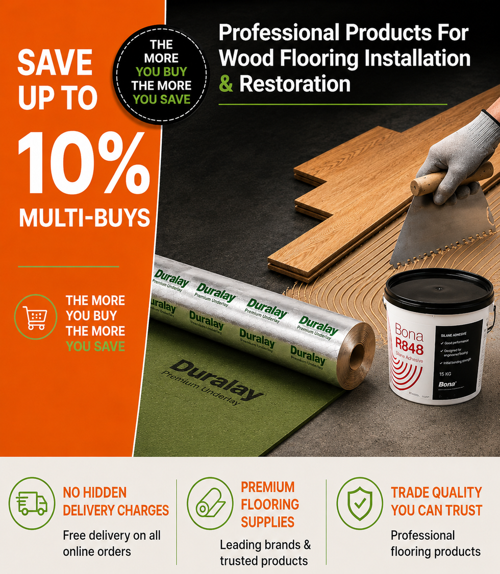 Advertisement for professional flooring products with a hand applying wood filler and text offering savings on multi-buys.
