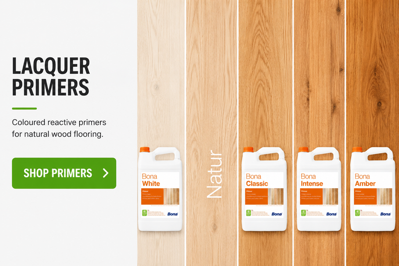 Bona lacquer primers for natural wood flooring with product packaging displayed on a wooden background.