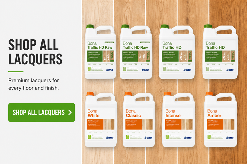 Bona lacquer products displayed on a wooden floor with promotional text.