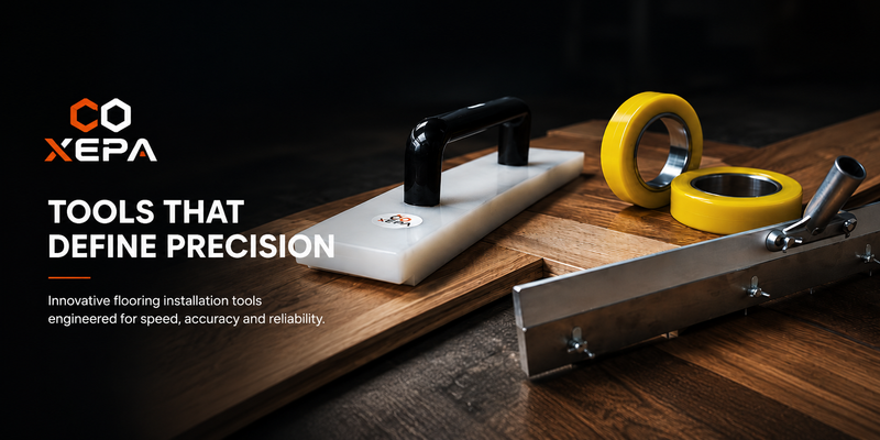 Flooring installation tools with XEPA branding on a wooden surface