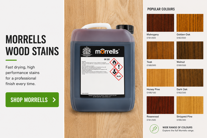 Morrells wood stain container with color swatches on a wooden background