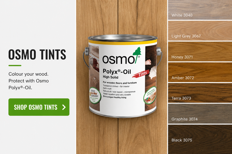 Osmo Polyx-Oil can with wood color swatches on a wooden panel background