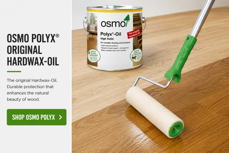 Osmo Polyx Original Hardwax Oil can with a roller applying oil to wooden surface