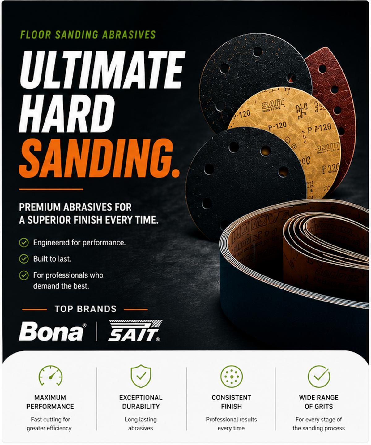 Promotional image of Bona and Satin floor sanding abrasives with text highlighting features.