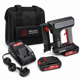 A cordless nailer set with a black and gray nailer, two 20V lithium-ion batteries, a black dual-battery charger, a black carrying bag, and a UK three-pin power adapter, all displayed on a clean white background. The carrying bag features the 'Romeo Maestri' brand logo.