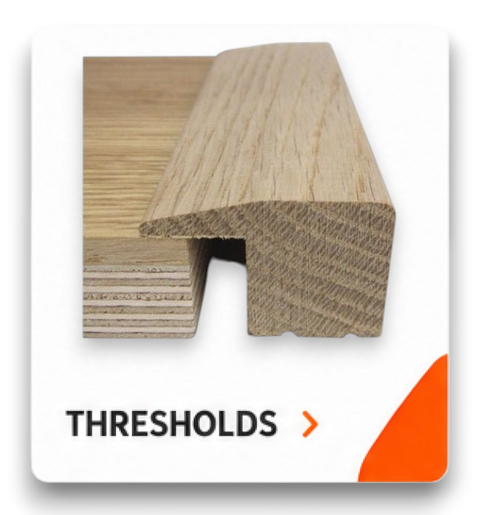 Wooden threshold with 'Thresholds' text and an orange arrow on a white background