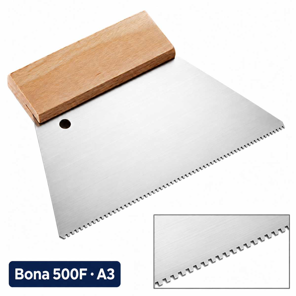 Bona 500F A3 adhesive trowel with tooth profile close-up