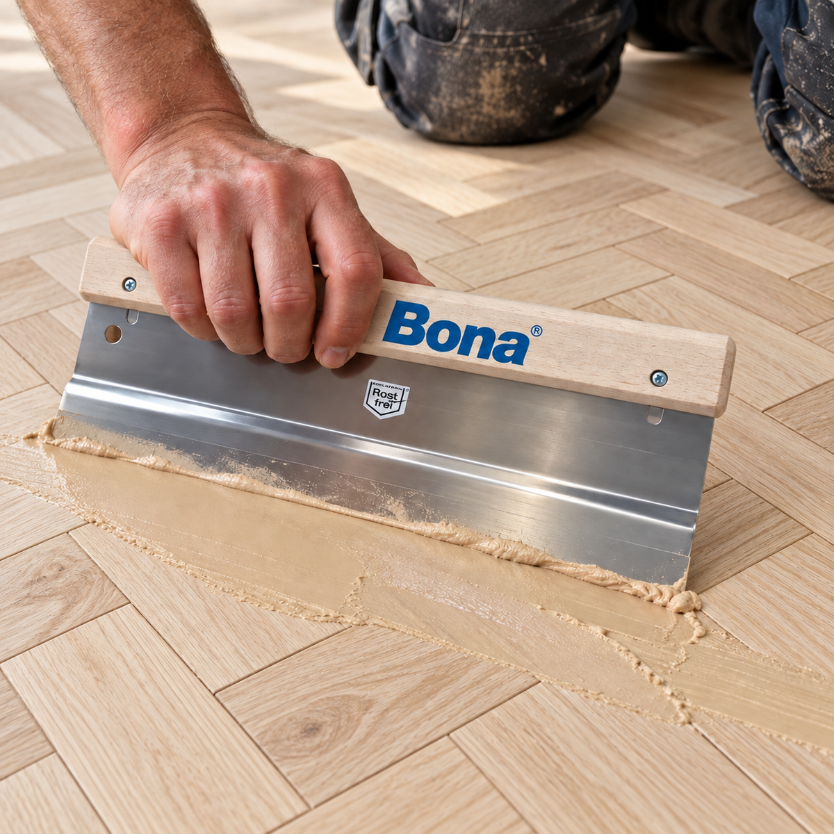 Illustration of a Bona flat bladed trowel spreading wood filler on oak herringbone parquet