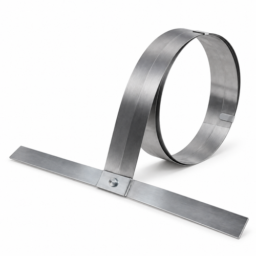 Janser roll-up steel T-square partly coiled with removable T-head on a white background.