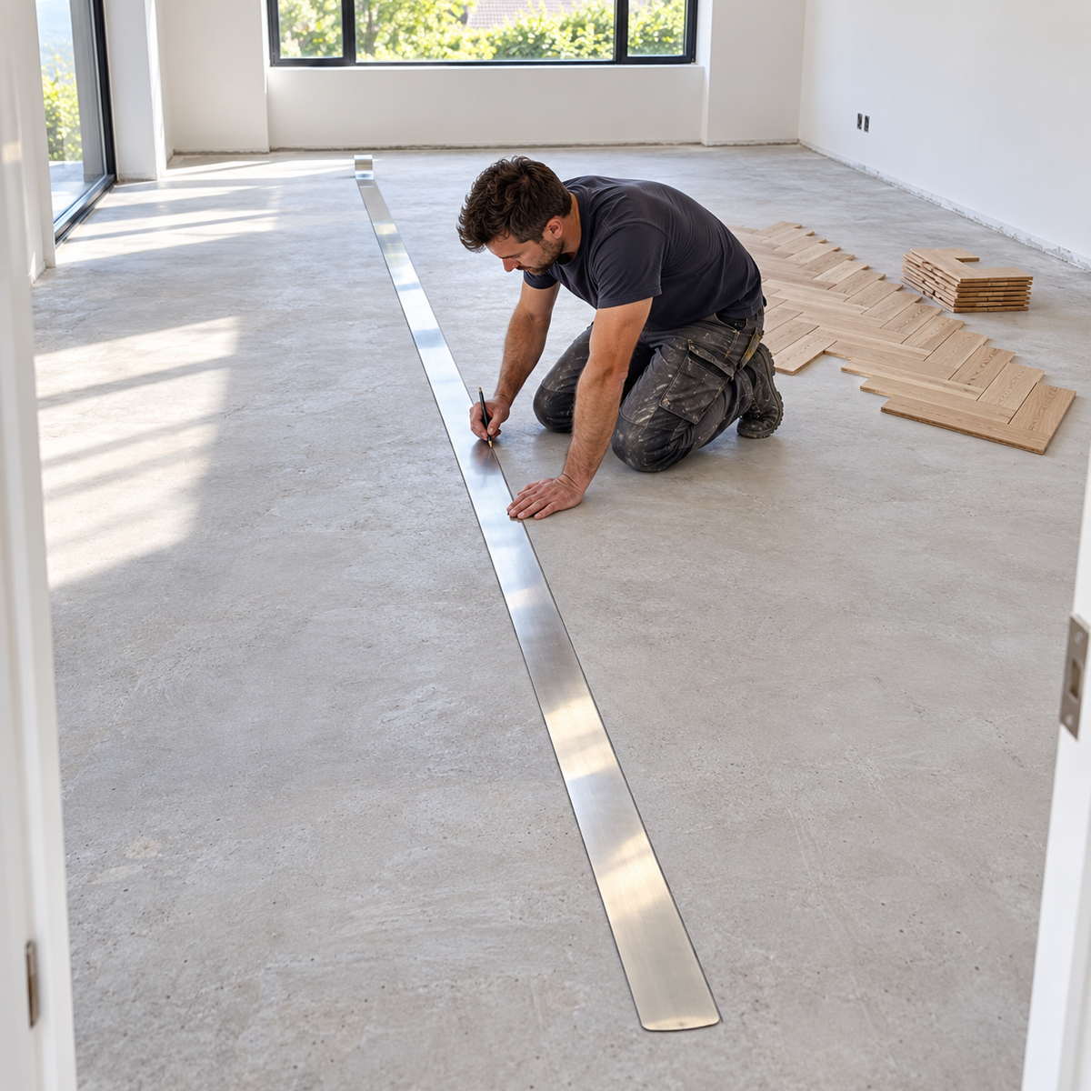 Janser steel straight edge laid along a room centre for marking out an oak herringbone floor.