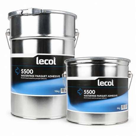Lecol 5500 wood flooring adhesive in 6kg and 16kg tins with current blue and black labels.